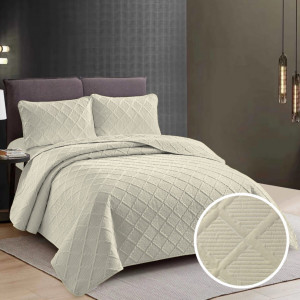 CUVERTURĂ PAT UNI + 2 FEȚE DE PERNĂ – CREM DESCHIS