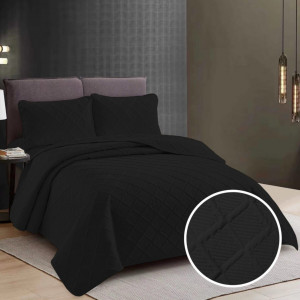 CUVERTURĂ PAT UNI + 2 FEȚE DE PERNĂ – NEGRU
