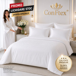 Lenjerie de Pat Damasc Hotelier 100% Bumbac – 4 Piese Clasic Alb