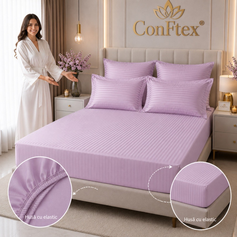 Lenjerie de Pat Damasc 100% Bumbac cu Husă Elastică pentru Saltea – Lila – CONFTEX PUCIOASA