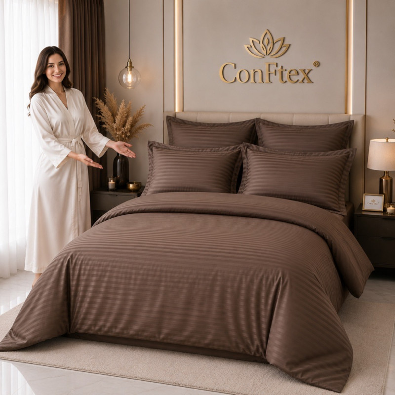 Lenjerie de Pat Damasc Hotelier 100% Bumbac pentru 2 Persoane – Maro – RALEX PUCIOASA