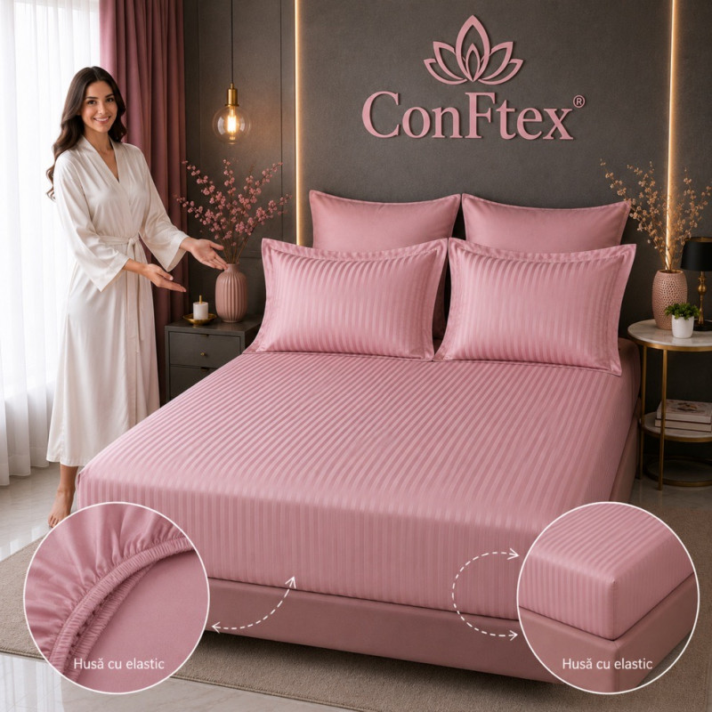 Lenjerie de Pat Damasc 100% Bumbac cu Husă Elastică pentru Saltea – Pink – RALEX PUCIOASA