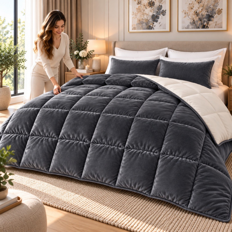 Pilotă Cocolino Matlasată Reversibilă – Extra Călduroasă – Charcoal Plush –