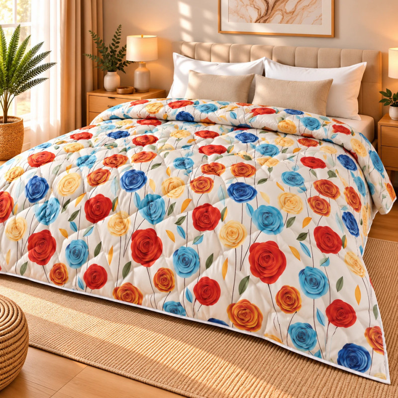 Pilotă Matlasată din Finet Gros 200x220 cm –Floral - Umplutură Microgel și Fibră Siliconica –