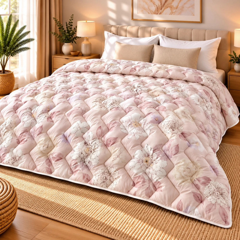 Pilotă Matlasată din Finet Gros 200x220 cm –Floral Rosalie- Umplutură Microgel și Fibră Siliconica –