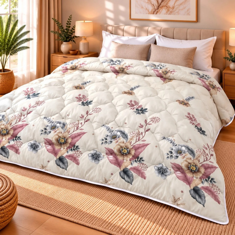Pilotă Matlasată din Finet Gros 200x220 cm –Floral Reve- Umplutură Microgel și Fibră Siliconica –
