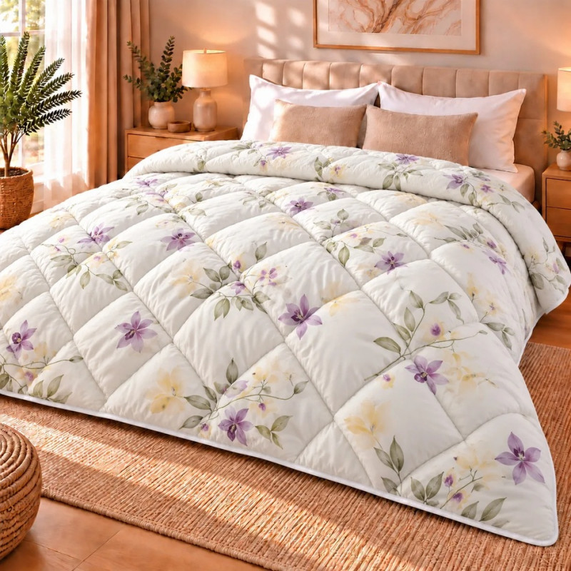 Pilotă Matlasată din Finet Gros 200x220 cm –Floral Warm- Umplutură Microgel și Fibră Siliconica –