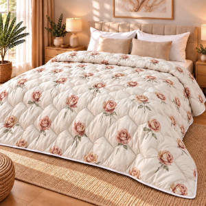 Pilotă Matlasată din Finet Gros 200x220 cm –Floral Amelie Rose- Umplutură Microgel și Fibră Siliconica