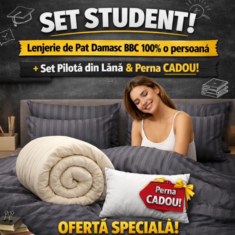 Imagine produs Set Student Lenjerie Damasc 100% Bumbac + Pilotă Lana + Pernă Cadou – PUCIOASA