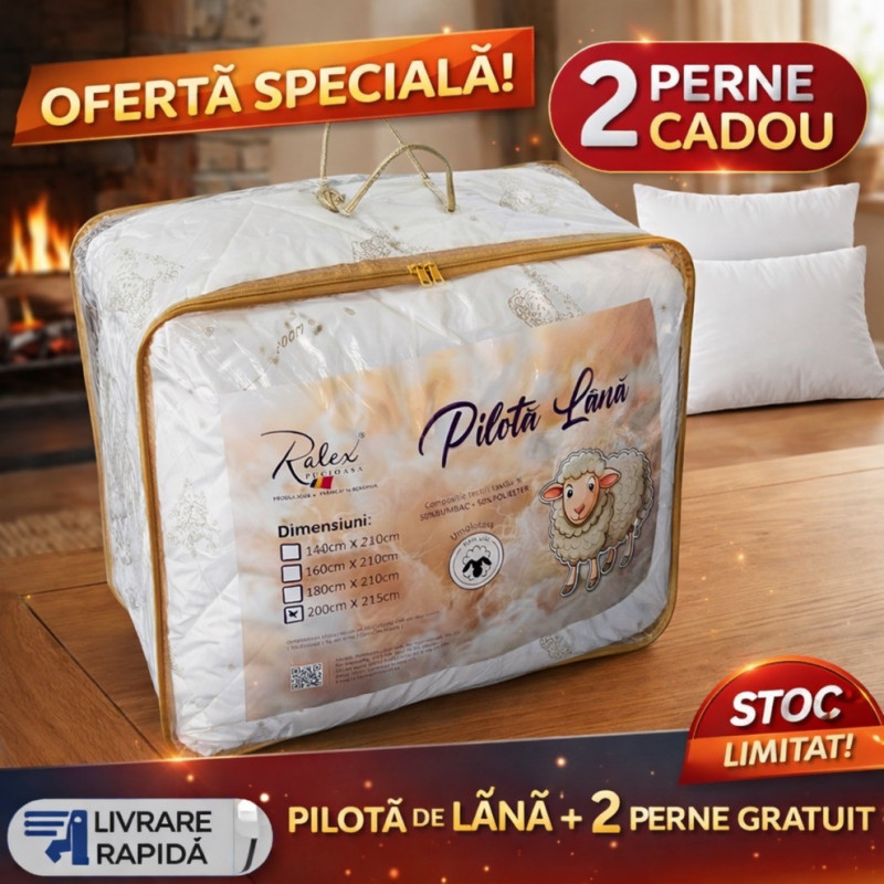 Imagine produs Pachet Promo Pilotă 200x215 cm din Lână + 2 Perne Cadou 50x70 cm –