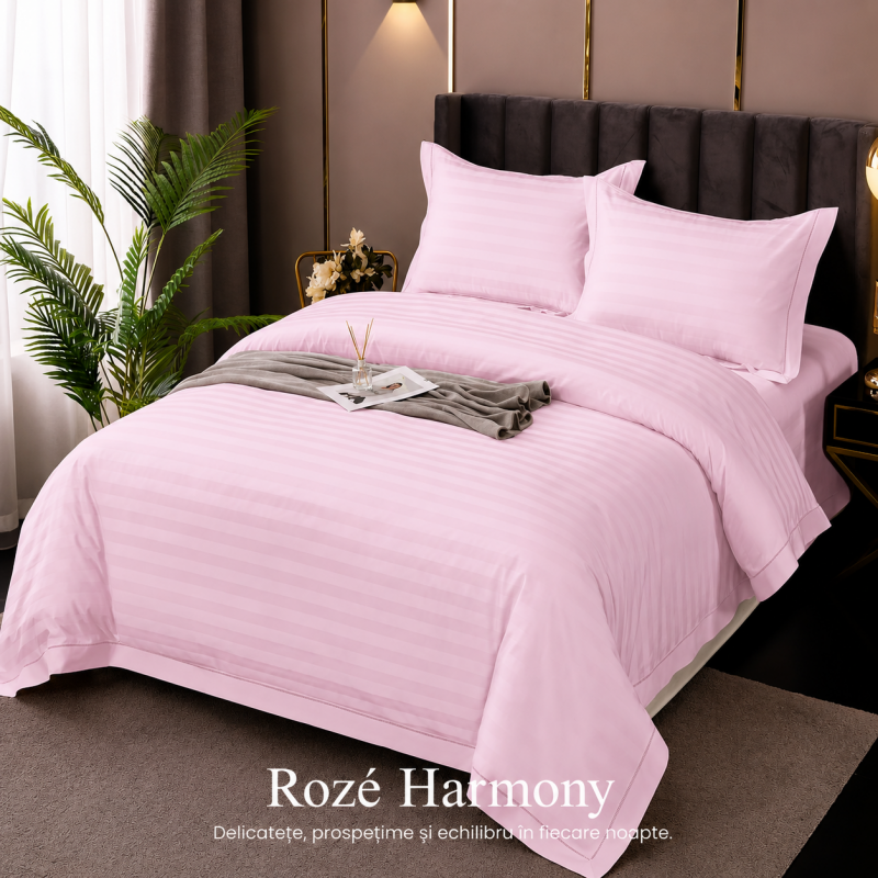 Lenjerie de Pat Damasc Policoton 4 Piese (Roze Harmony) – RALEX PUCIOASA