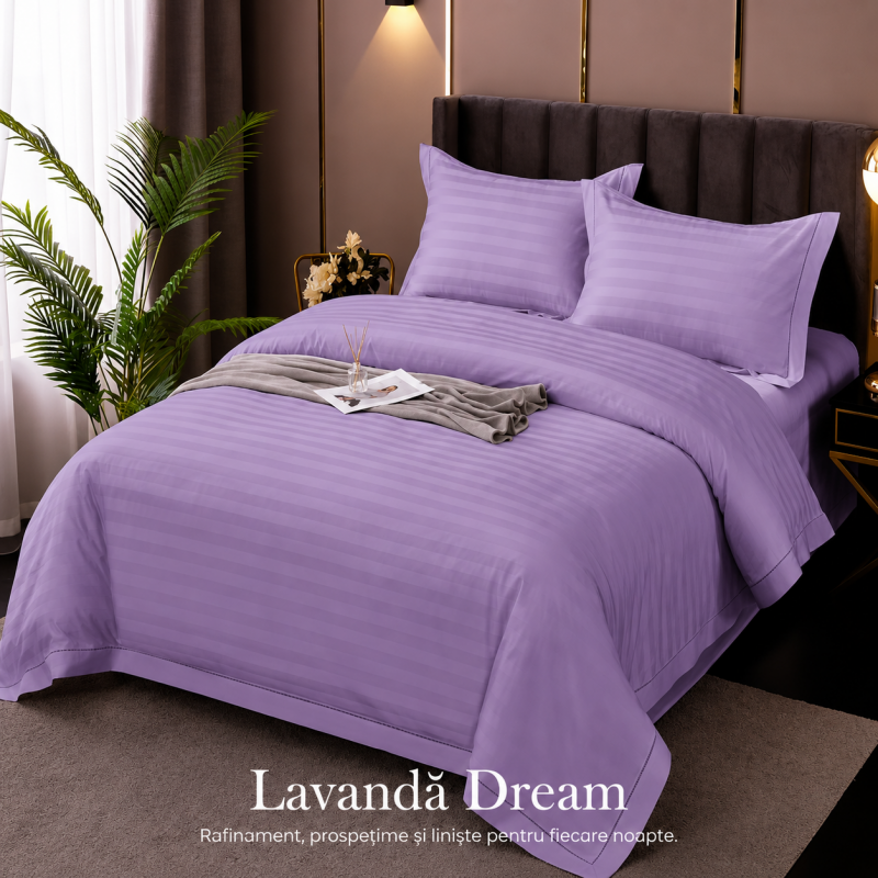 Lenjerie de Pat Damasc Policoton 4 Piese (Lavanda Dream) – RALEX PUCIOASA