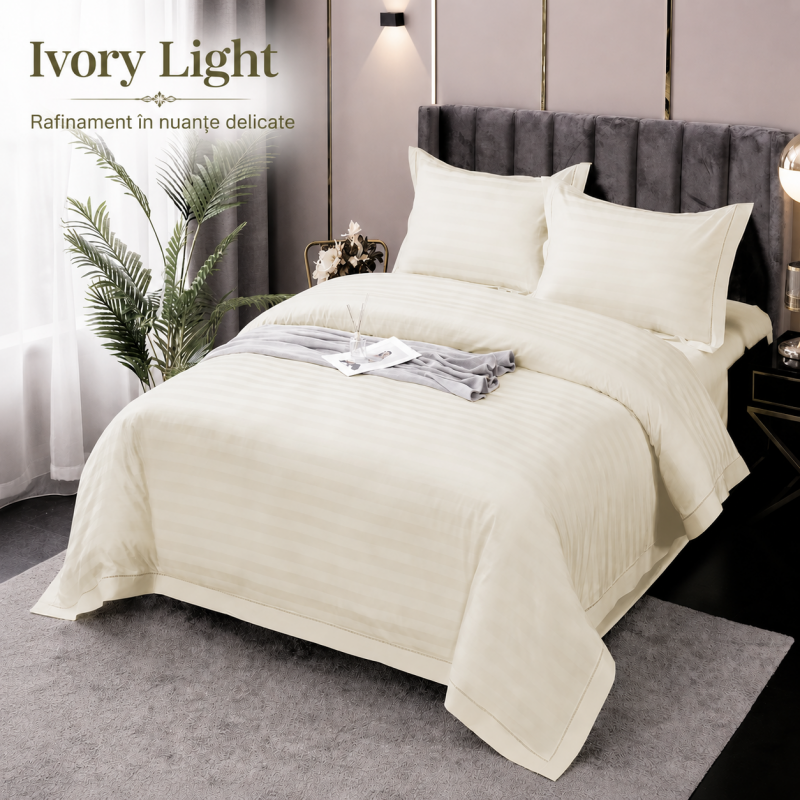 Lenjerie de Pat Damasc Policoton 4 Piese (Ivory Light) –
