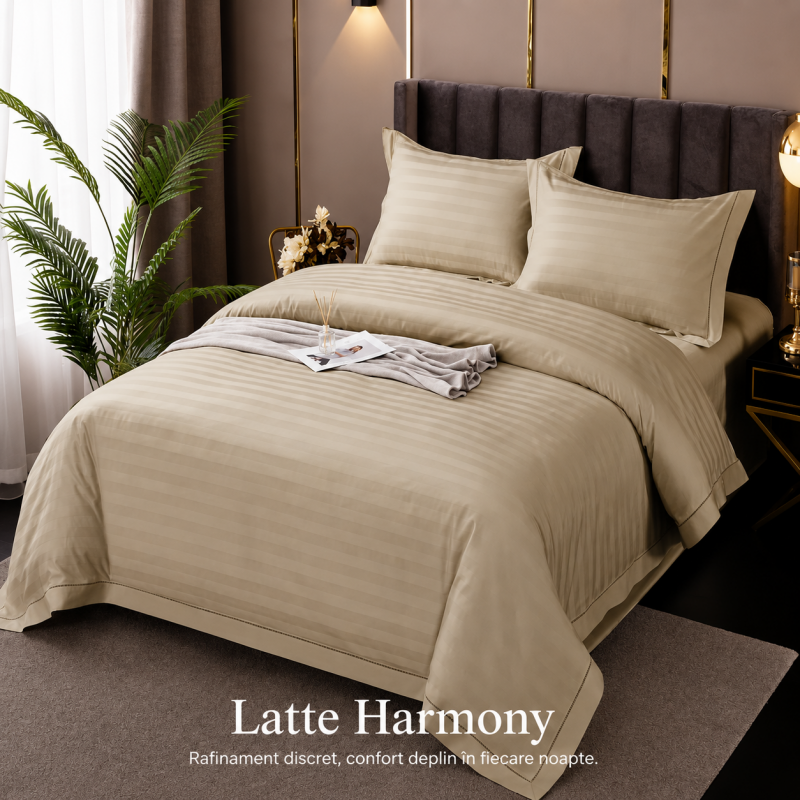Lenjerie de Pat Damasc Policoton 4 Piese (Latte Harmony) – RALEX PUCIOASA
